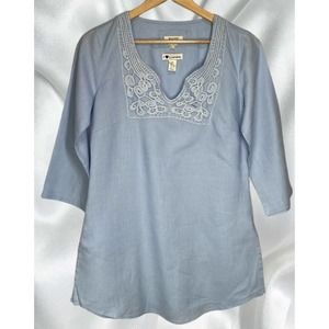 Linen Boho Hippie Quiet Luxury Embroidered 3/4 Sleeve Top Size M